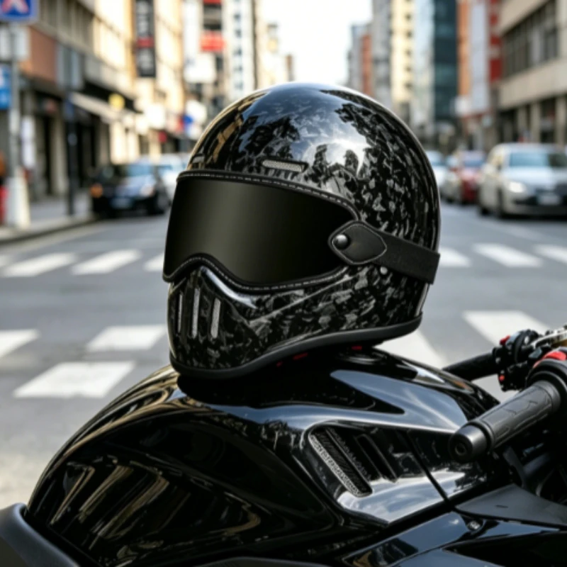 Classic Old School Cafe Racer Full Helmet Gloss 3K Carbon Fiber Motorcycle Helmet Men Women Daily Street Riding Casque Moto