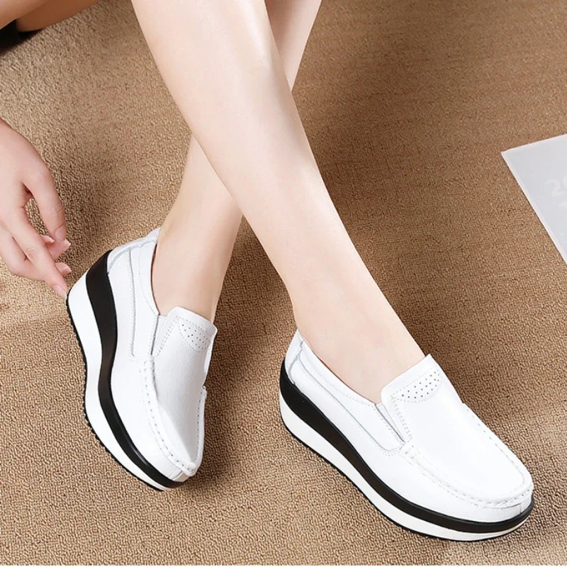 Platform Flats Loafers for Women Autumn Thick Bottom Casual Leather Walking Sneakers Round Toe Wedge Shoes Zapatos De Mujer