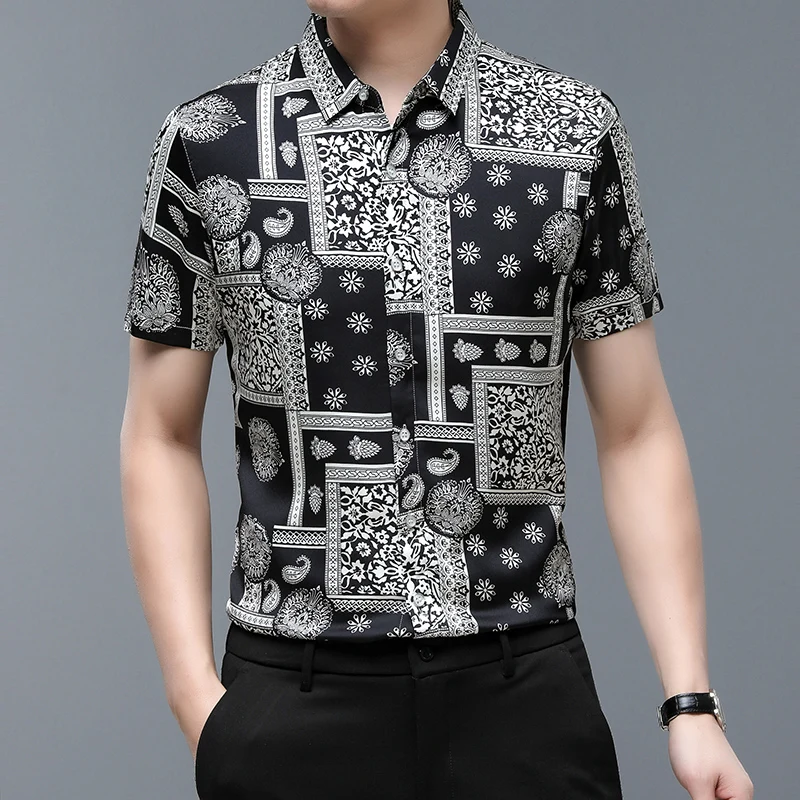 High Quality Mens New Silk Clothing Summer Fashion Printing Tops Short Sleeve Blouse Male Soft Silk Dress Shirts