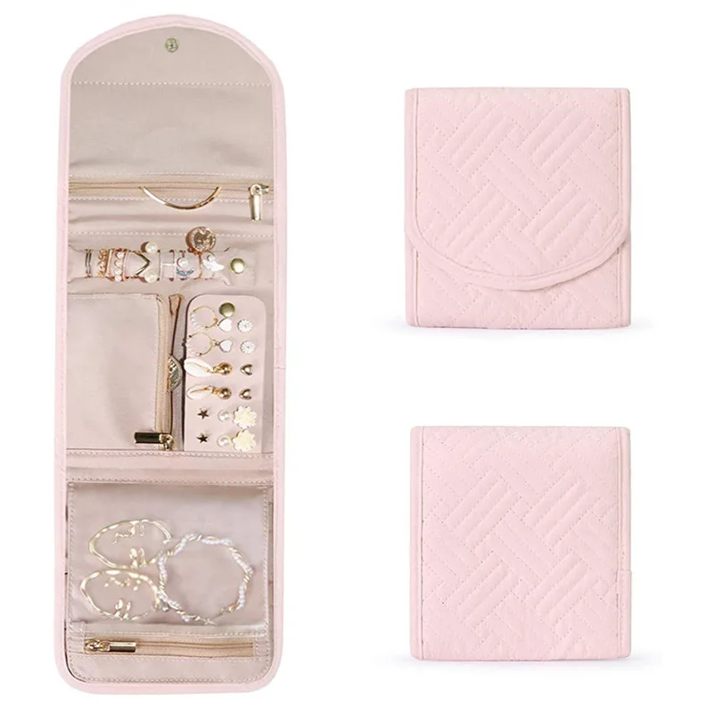 Faux Leather Velvet Jewelry Storage Roll Bag Travel Folding Portable Jewelry Bag Stud Earrings Jewelry Storage Bag