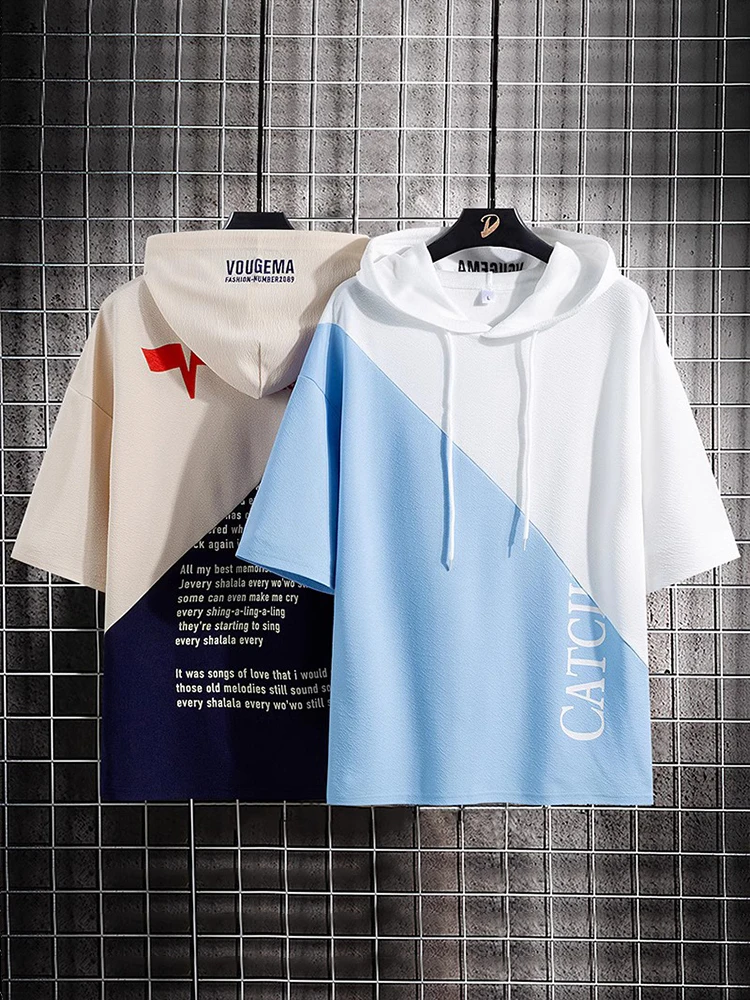 

Trendy Spring Summer Men's ort Sve T-irt Student Hoodie Five-Quarter Sve Korean Sle Casual Polyester Fiber Top