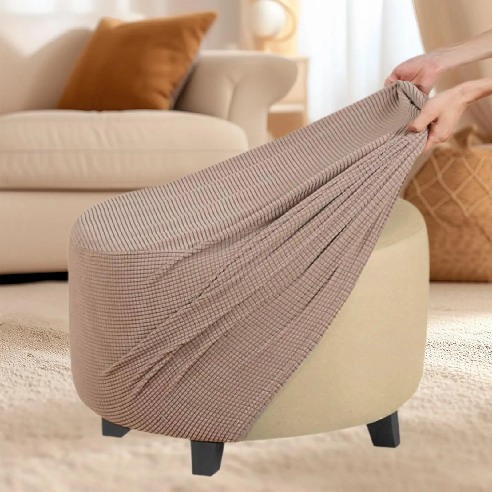 Stretch Ottoman Footstool Slipcover Round Stool Furniture Protector Cover for Home Use view 6
