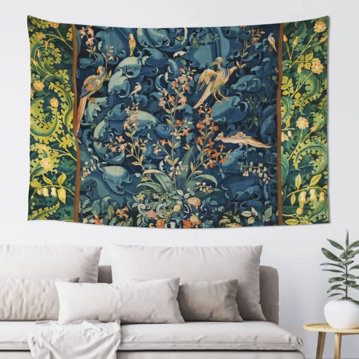 

FANTASTIC BIRDS ,FLOWERS AND CABBAGE LEAVES ,Blue Pink Green Antique Floral Tapestry Home Decorators Funny Tapestry