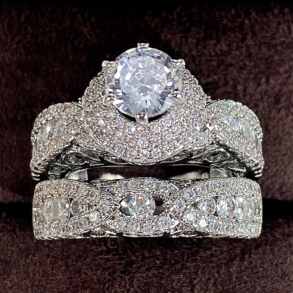 Huitan 2022 anillos de boda de moda para mujer nuevo diseño de moda 2 uds AAA anillos de circonia cúbica bandas de compromiso conjuntos de joyería para fiesta