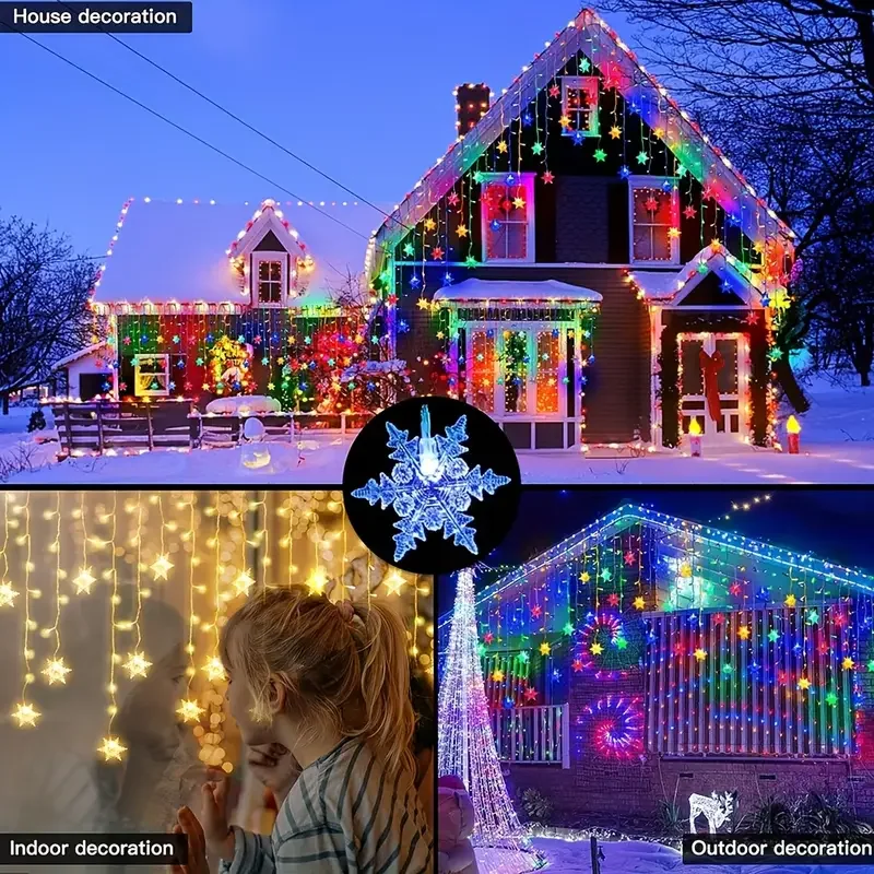 Nuevas luces navideñas de cortina con forma de copo de nieve, guirnaldas de luces LED intermitentes impermeables para decoración de árbol de Navidad, fiestas navideñas, bodas