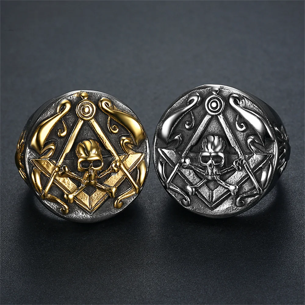 European And American Cross-border Personalized Classic Retro Stainless Steel Round Freemason Skull Ring, Men's Skull Ring
