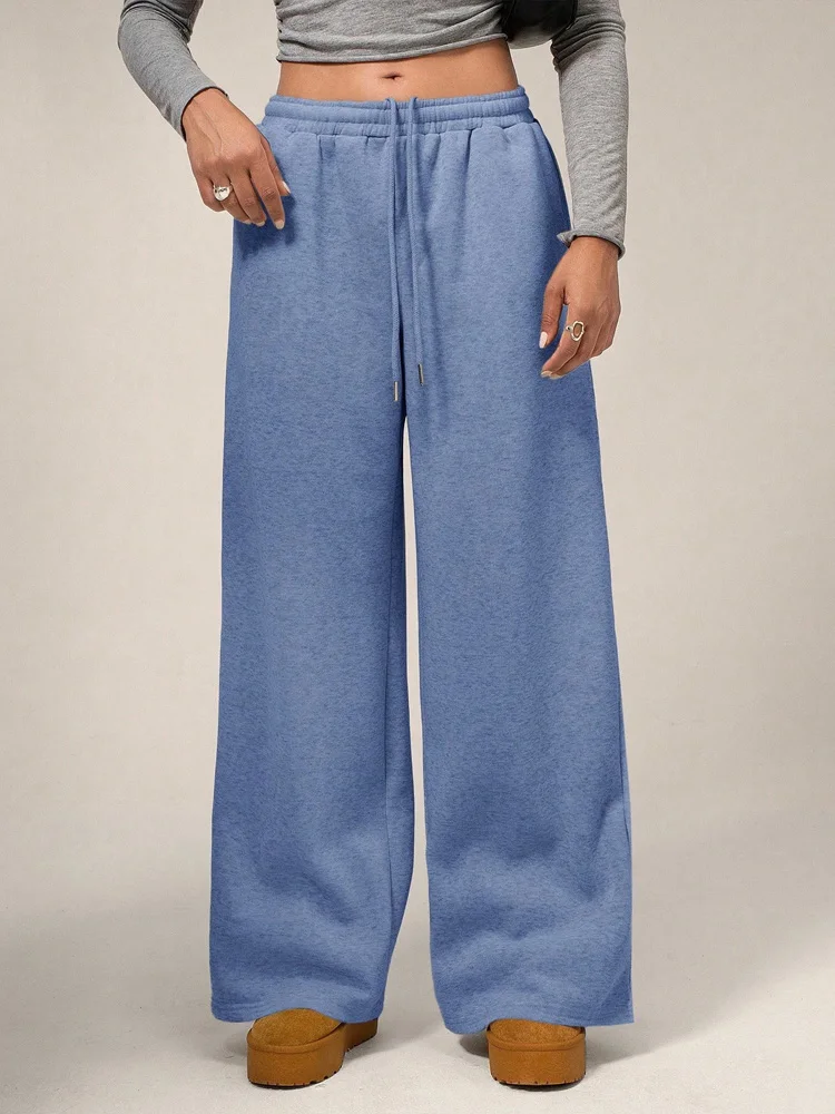 Autumn Winter Fleece-lined Wide Leg Long Pants Women Casual Loose Elastic Waist Women's Trousers Lady's Sport Pant