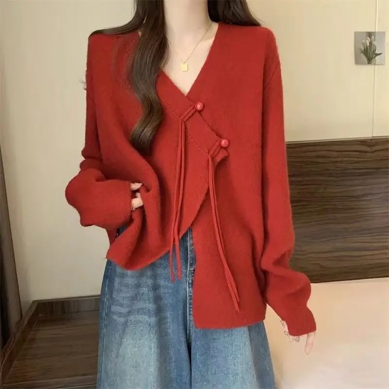 

Casual Stylish Irregular Knitted Cardigan Autumn Winter V-Neck Loose Female Clothing Solid Color Basic Vintage Button Sweaters