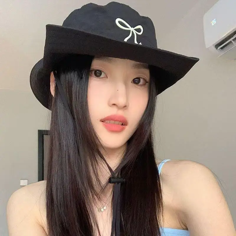 

Candy Color Bow Embroidery Bucket Hat Summer Quick -Dry Camping Caps Wide Brim Sun Hat Y2K Women Outdoor Travel Panama Hat