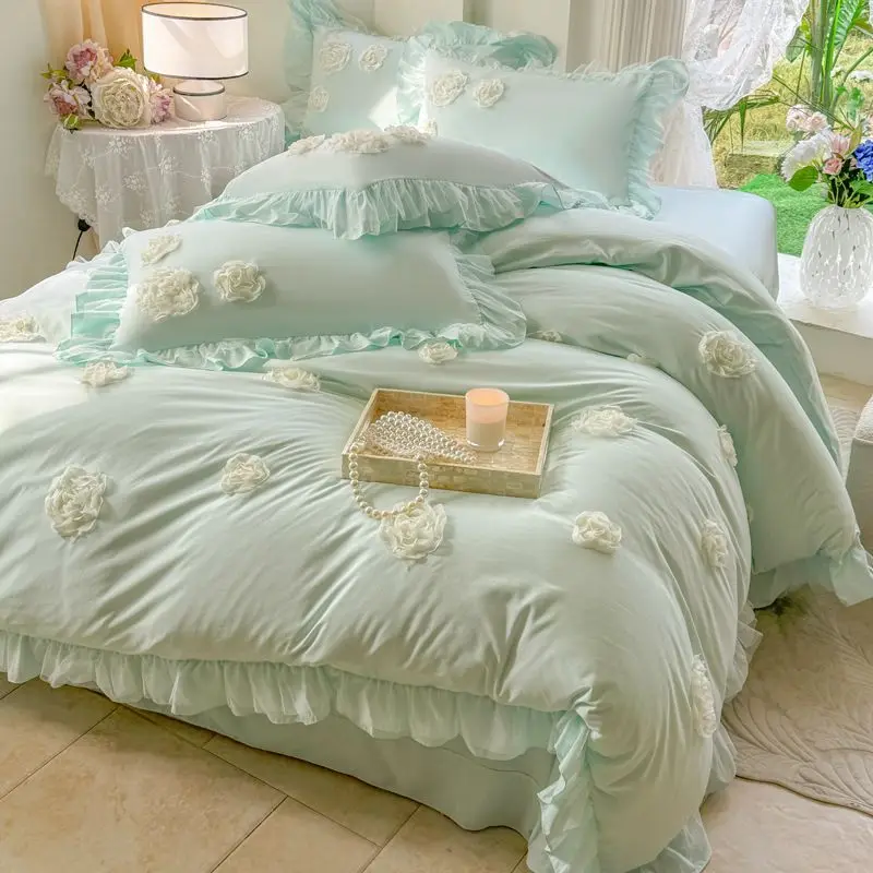 

French Princess Style Washed Cotton Bedding Set: 3/4 Pcs Duvet Cover, Flat/Fitted Sheet, All Season Use