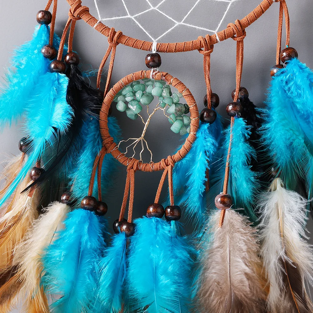 Tree of Life Dream Catcher Handmade Bohemian Retro Wall Hanging, Natural Feathers Turquoise Bead, for Home Decor Gift Giving Sce