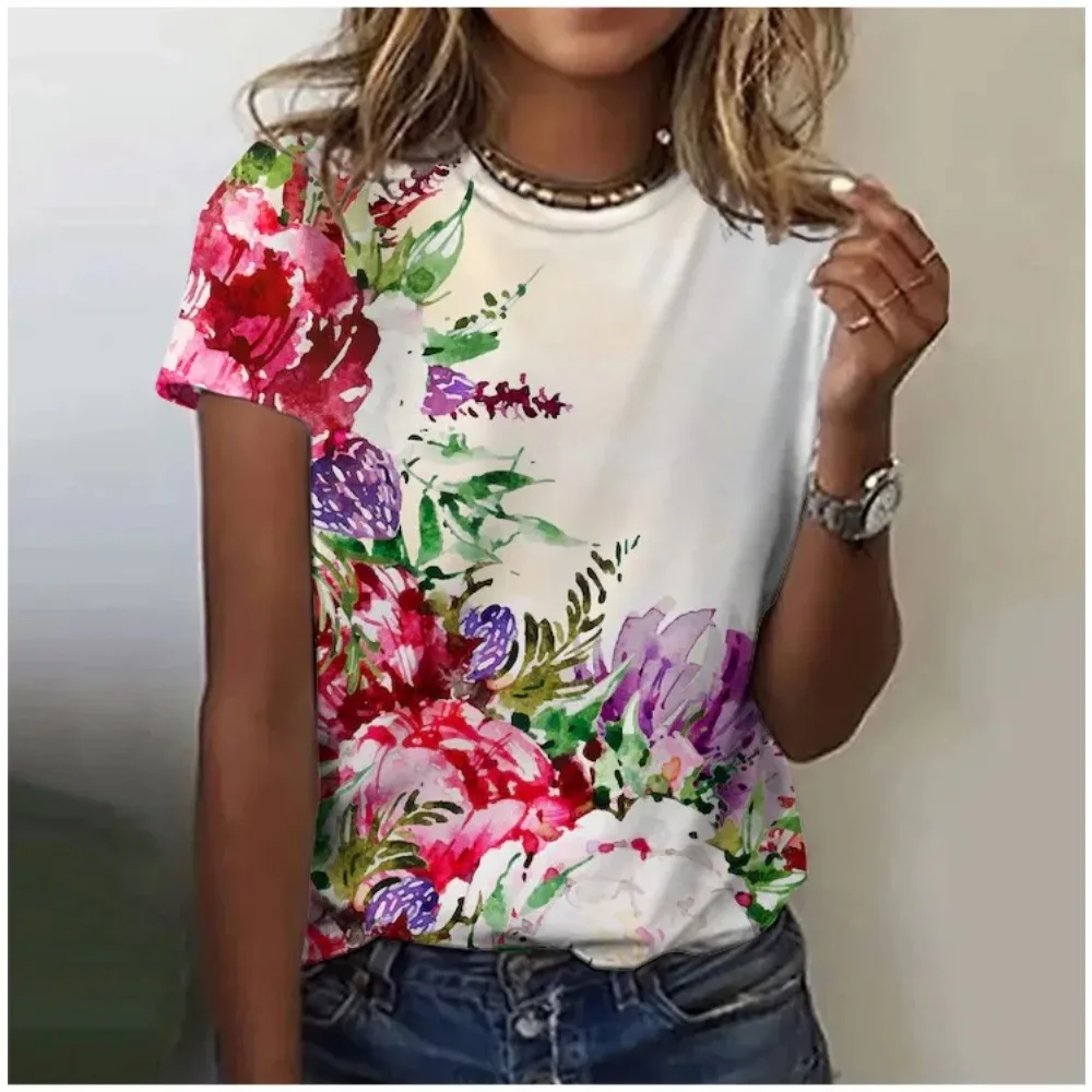 

2025 повседневная спортивная женская футболка, летняя новая стильная футболка с садовым воротником и коротким рукавом, свободная легкая ткань со свежим цветочным принтом, повседневная Y2K