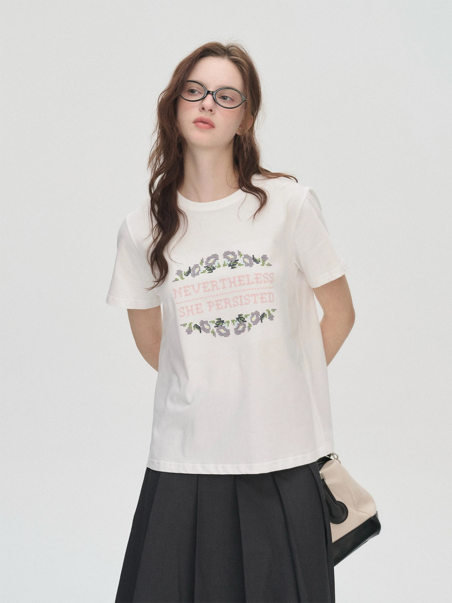 

Enroute Lazy Style Pixel Flower Letter Print Cotton T-Shirt Short Sleeve 100% Cotton Spring Summer Women's Loose Fit T-shirt