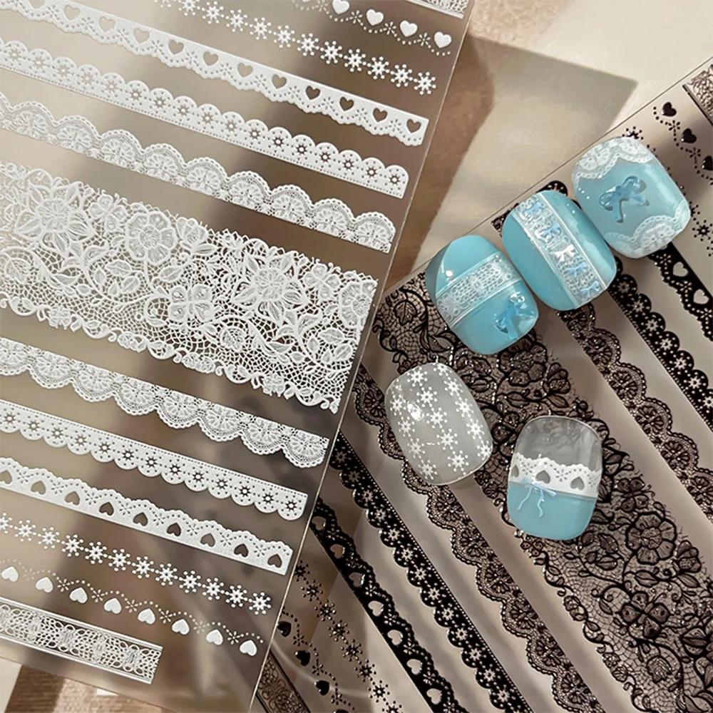 5D Black White Lace Heart Wave Lines Nail Sticker Sexy Lace Flower Design Nail Decal Self-Adhesive Wedding French Manicure Decor