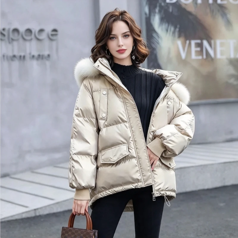 Glazed Women's Faux Fur Collar Hooded Padded Coat Short Loose Thick Warm Winter Trendy Fashion Classic Cozy Chic New Hot Coats