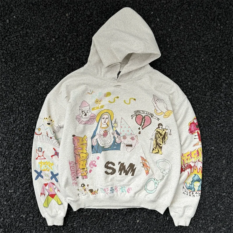 

Oversized Saint Michael Men’s Hoodies Men Women Washed White Full Print Graffiti Vintage Hooded Sweatshirts