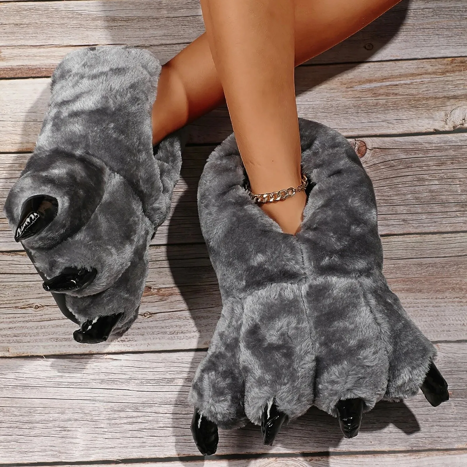 

2022 Winter Warm Soft Indoor Floor Slippers Women Men Children Shoes Paw Funny Animal Christmas Monster Dinosaur Claw Plush Home