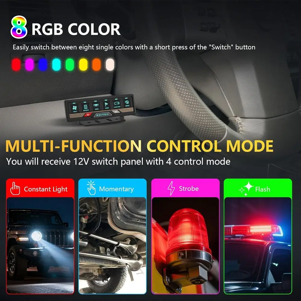 6-Gang-RGB-Schalttafel, 60 A, wasserdicht, Speicherfunktion, kippbar, kurzzeitig, gepulster Blitz, kompatibel mit UTV, ATV, Wohnmobil, Bus, Auto, LKW, Je