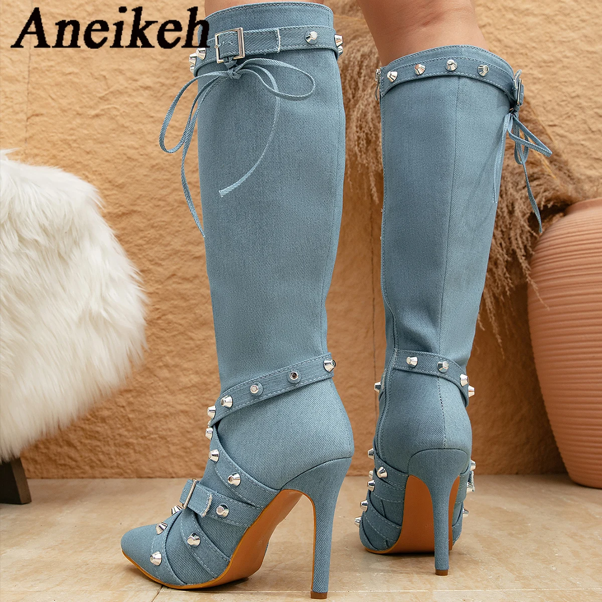 Aneikeh Fashion Women Autumn Sexy Booties Pointed Toe Rivet Strap Knee High Belt High-heeled Long Tube Blue Denim Boots Pumps