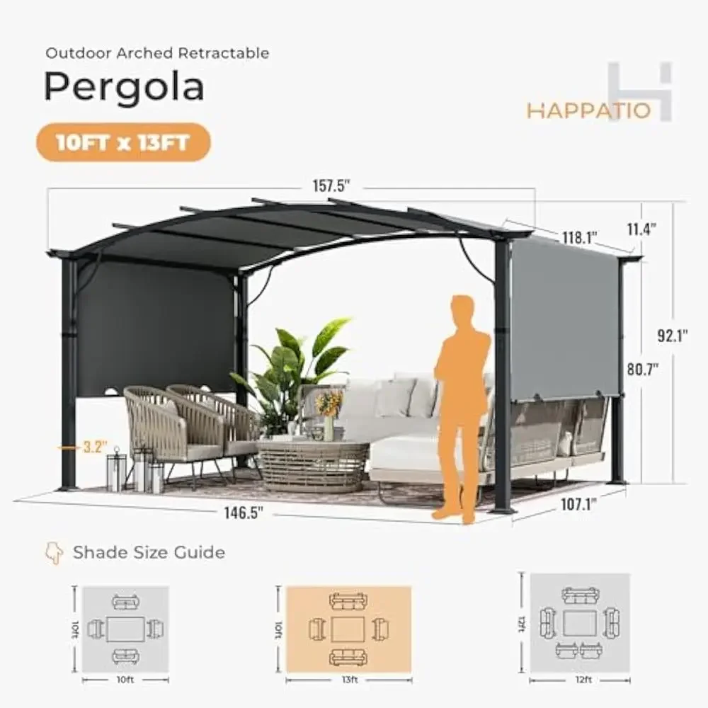 10x13FT Outdoor Pergola Arched Patio Pergola, Outdoor Retractable Pergola with Sun Shade Canopy, Aluminum Pergola