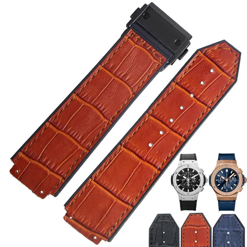 Correa de reloj de cuero genuino impermeable para Hublot Yubo Big Bang para hombre, hebilla plegable de acero inoxidable, marrón y negro, accesorios