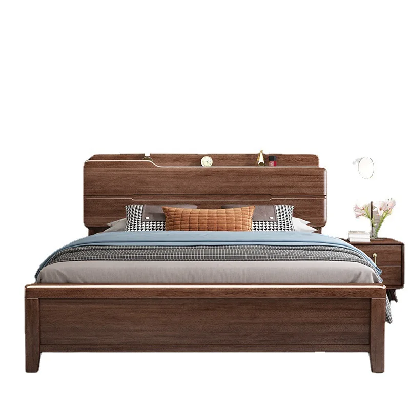 Cama nórdica de madera maciza de nogal, dormitorio ligero de lujo para el hogar, cama doble de almacenamiento de caja alta de 1,8 metros, dormitorio principal, cama de matrimonio