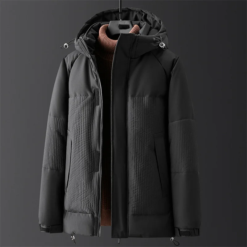Man Down Jacket Winter Thicken Fleece Solid Color Patchwork Men Outerwear Long Sleeve Hooded Loose Versatile Daily Male Coat
