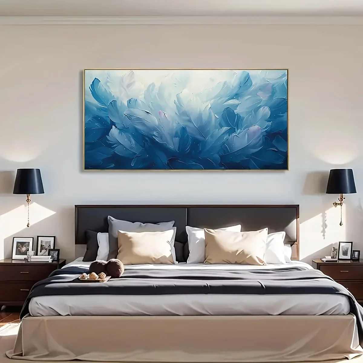 Large Abstract Blue Feather Canvas Wall Art, Modern Frameless Decor for Living Room & Bedroom, Elegant Sophisticated Room Decora