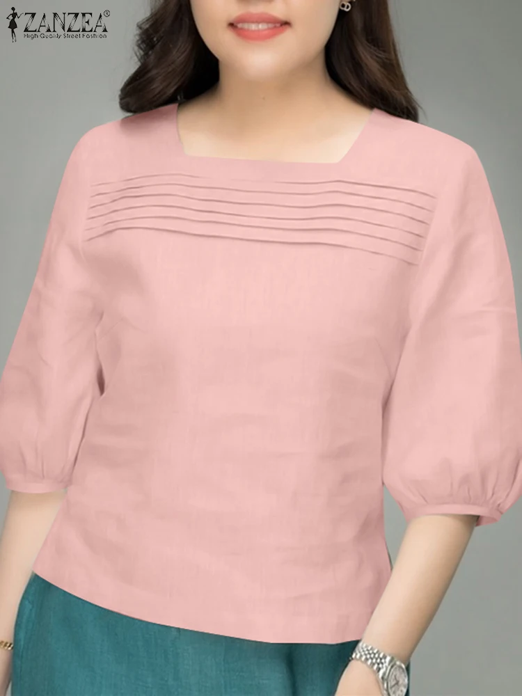 

ZANZEA Summer Square Neck Office Women Blouse Elegant Shirt Stylish Split Hem Blusas Fashion Short Sleeve Solid Pleated Tops