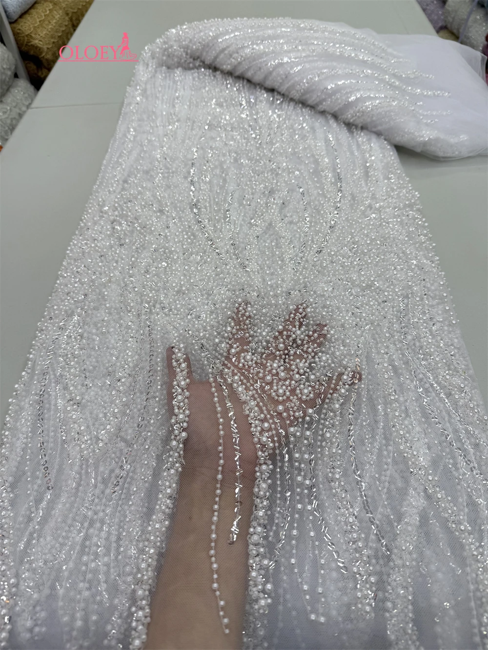 Latest Hot Sale Fashion Africa Lace Fabric High Quality Handmade Embroidery Lace With Beads Sequins Party For Wedding Dress