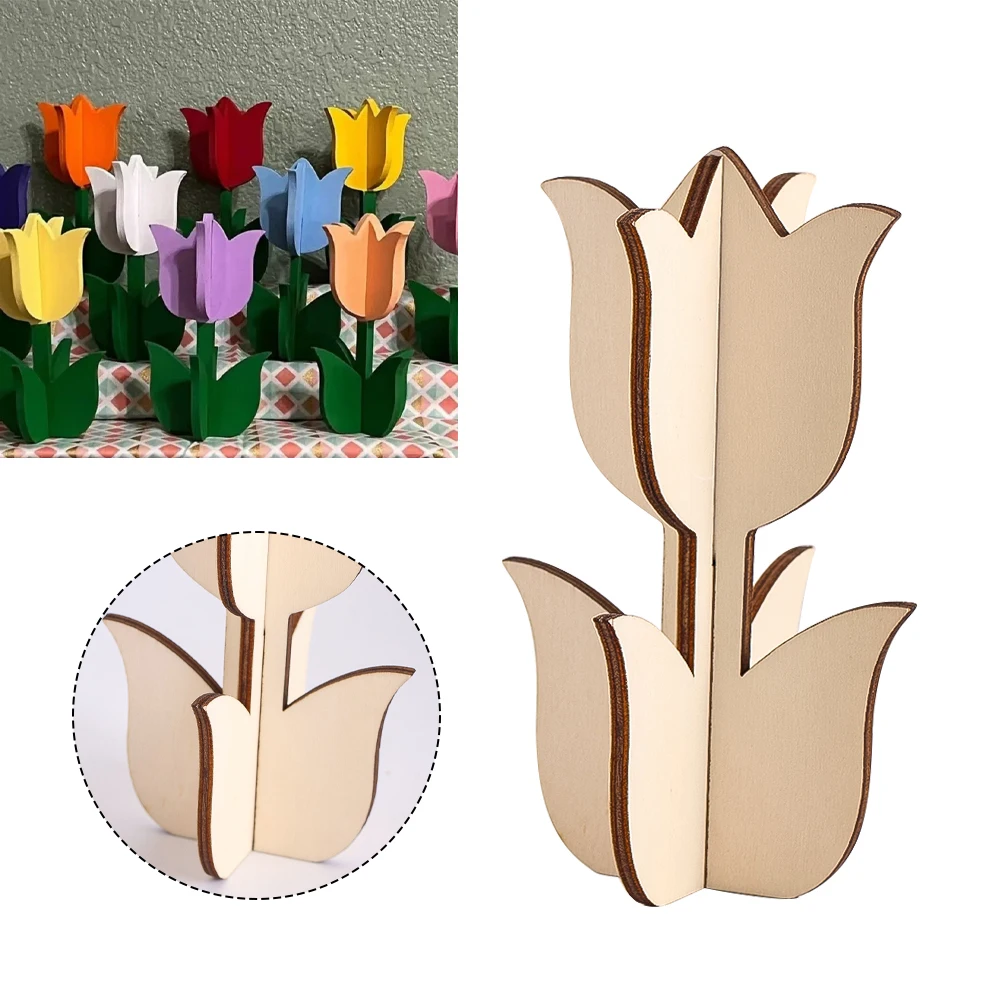 Wooden Tulip Rose Puzzle Ornaments Desktop Home Indoor Decoration Void DIY Painting Hand-painted Graffiti 3D Cubic Crafts