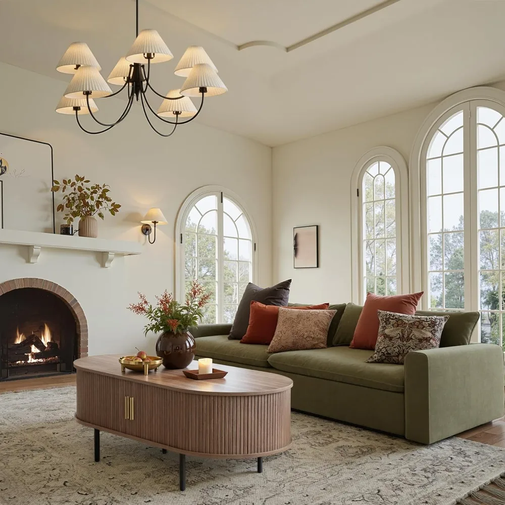 ミッドセンチュリーモダンな楕円形コーヒーテーブル、収納と引き戸付き、ミニマリストデザインの木製ティーテーブル