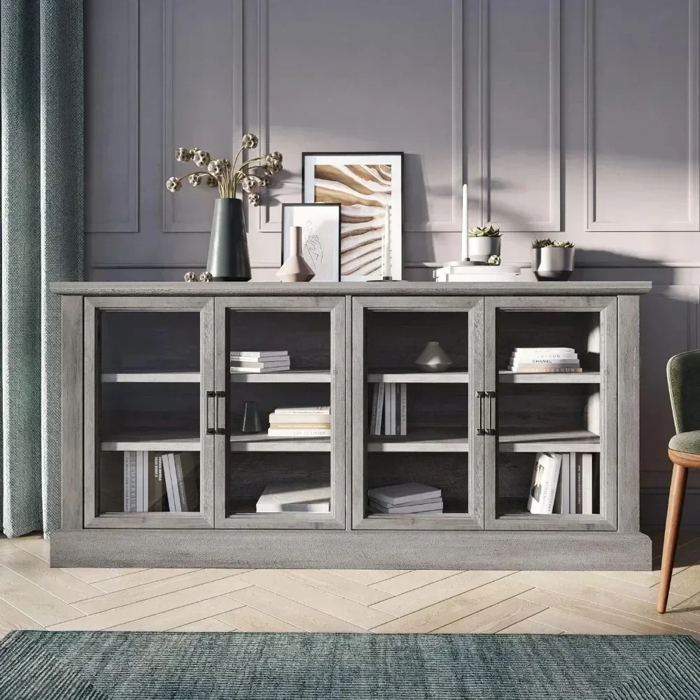 Cabinet, Living Room Furniture, Glass Display Cabinet with Storage Space and Adjustable Shelves, Living Room Cabinet, Stone Gray