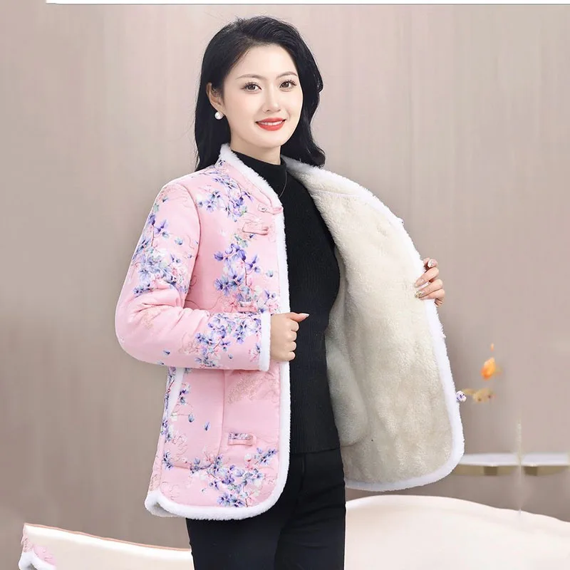 New Chinese Style Winter Plush Jacket Women Retro Ethnic Large Size Printed Plate Stand Collar Fleece Cotton Coat Outwear 5XL