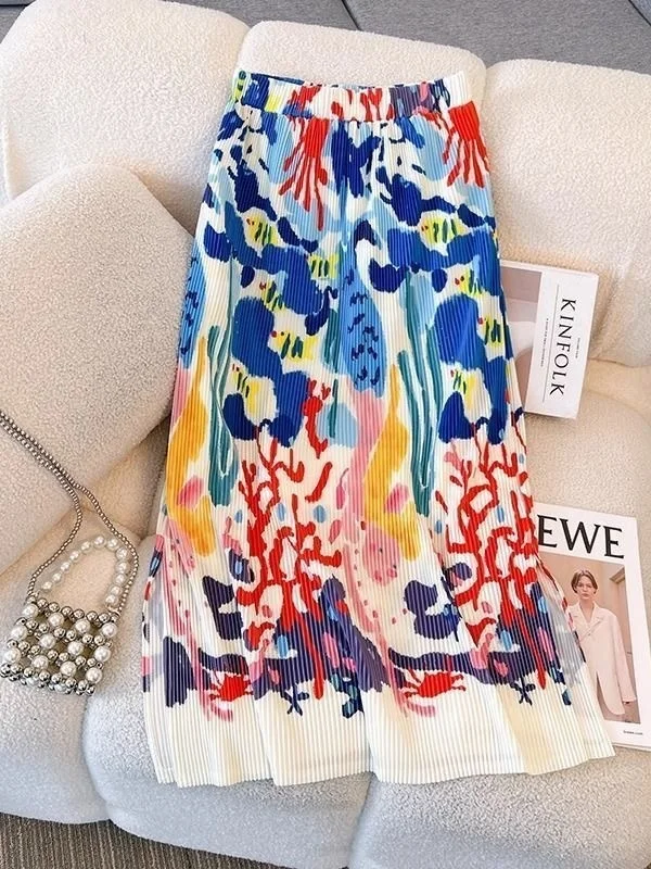 High Waist A-Line Midi Skirt Summer New Design Pleated Long Skirt Slimming Split Printed Half-length Skirt for Women
