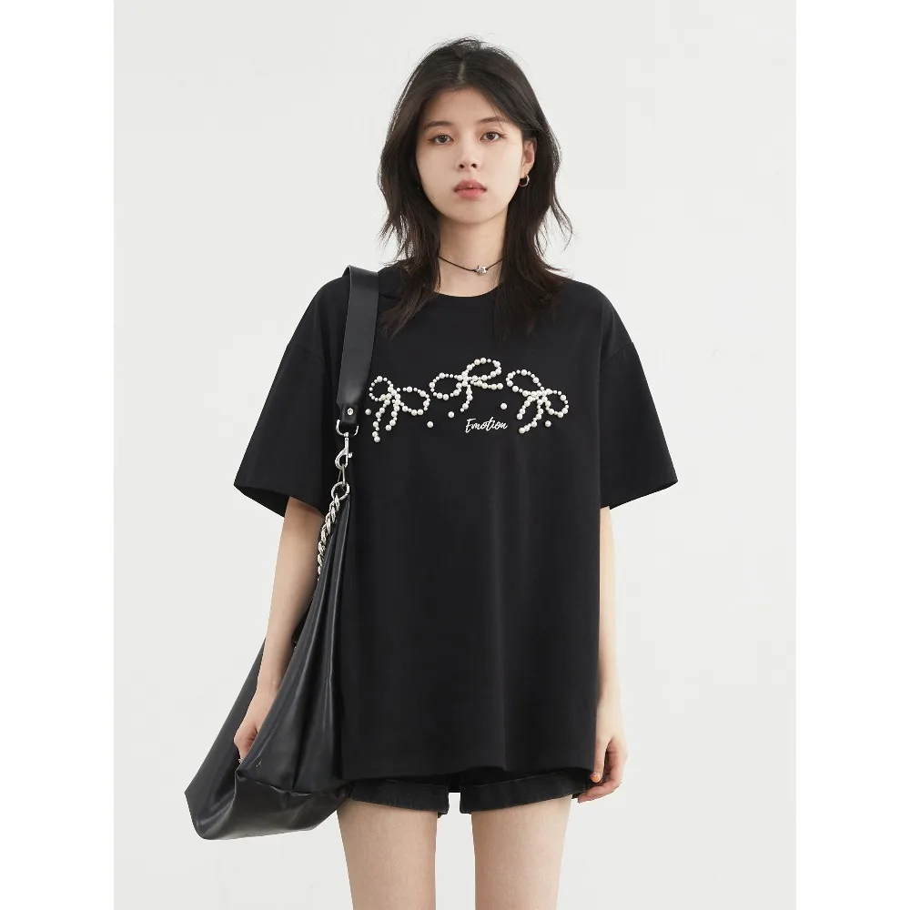 Damskie luźne koszulki T-shirty z krótkim rękawem, nowe, oryginalne, z perłową kokardą, zdobione koralikami, fajne damskie topy na lato.