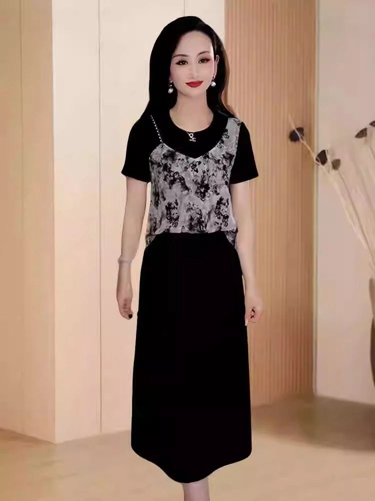 Ele Mid-Length Fake Two-Piece Dr Women's Faionable Summer New Sle Age-Defng Midi Skirt Trendy Commute Sle