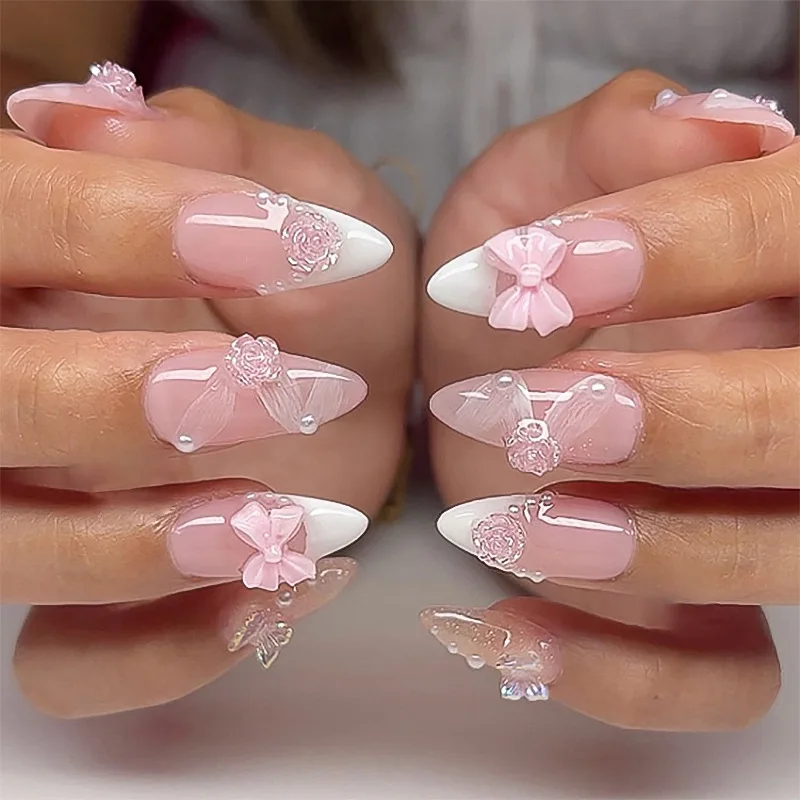 

24Pcs Reusable French False Nails Set with 3D Pink Bow Flower Design Long Stiletto Fake Nail Tips Wearable Almond Press on Nails