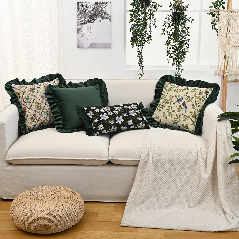 American-style pillowcase retro flower pattern cushion cover for sofa backrest lotus frills pillow cover