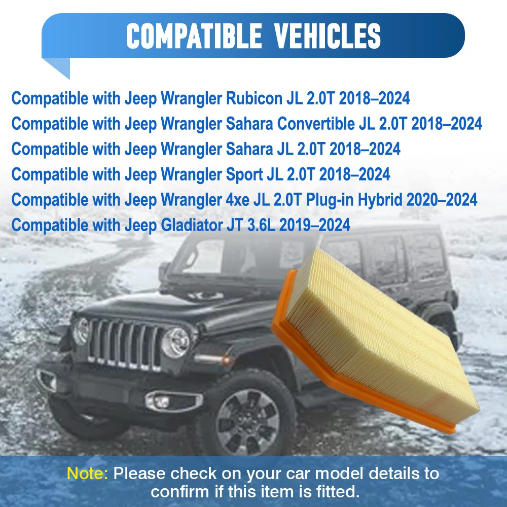 

Car Engine Air Filter Accessories For Jeep Wrangler Rubicon Sahara Convertible Sahara Sport JL 2.0T 2018–2024 68257030AA LX5102