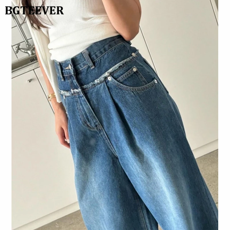 BGTEEVER 빈티지 하이 웨이스트 루즈 와이드 레그 청바지 여성용 봄 여름 포켓 여성 데님 바지