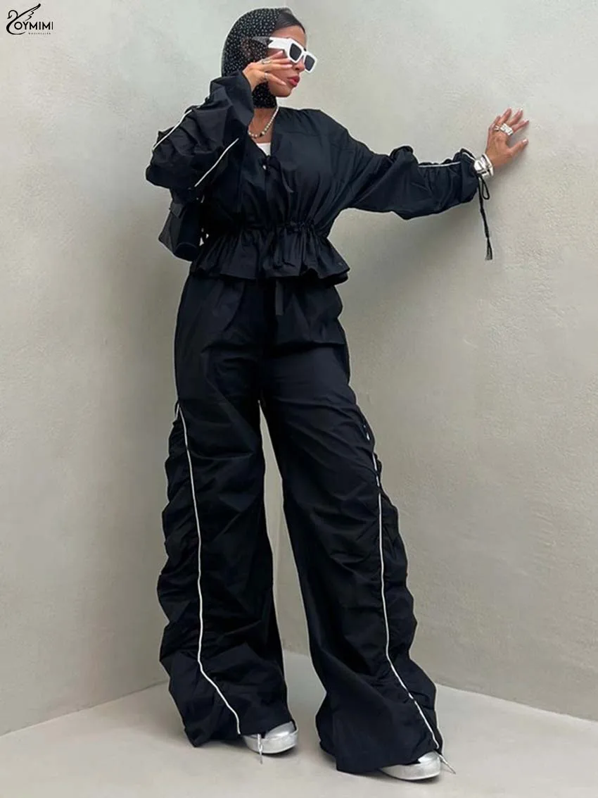 

Oymimi Elegant Dark Pink 2 Pieces Set For Woman Casual V-Neck Long Sleeve Lace-Up Pleated Tops And High Waist Loose Pants Sets