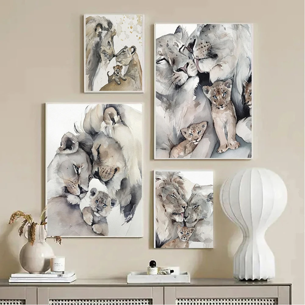 

Lion Family Modern Animal Wall Art Poster Decor Picture Father Mother Kids Canvas Painting For Living Room Bedroom Home Decor