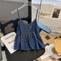 Dark Color Strap Vest Summer Outdoor Wear Short Hem Lace Design Pleated Denim V-neck Women's Top Cotton Material