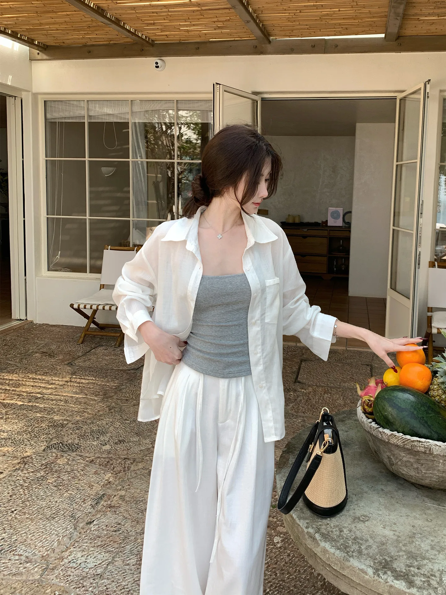 

Loose Long Sleeve Linen Shirt Women's Summer Casual Loose Fit Sun Protection Top Bangkok Holiday White Silk-Like Blouse