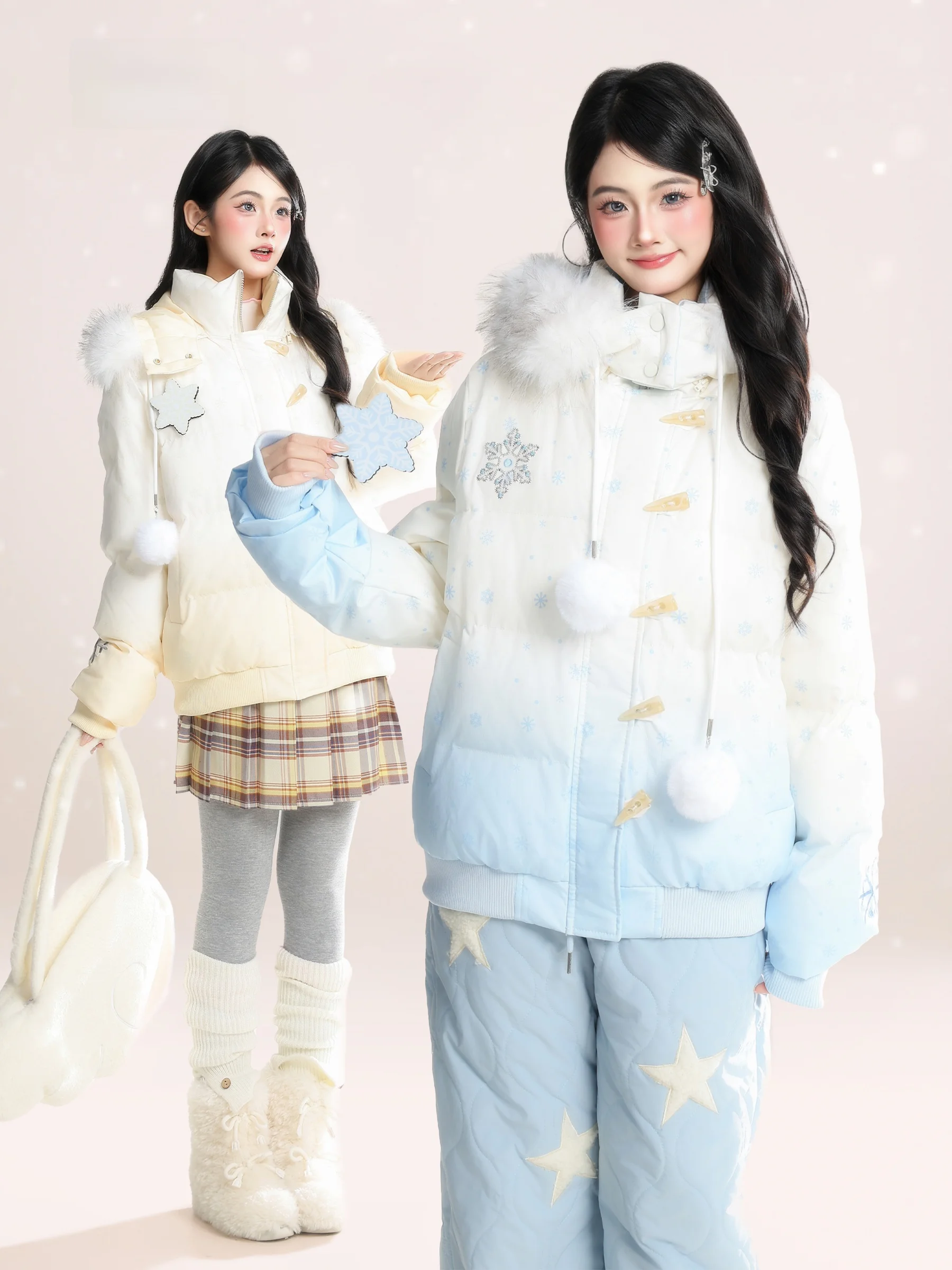 

HM Women's Thiened Winter Coat with Fur Collar Loose Fit Hooded Bread Sle Jaet Sweet College Sle Pure Color