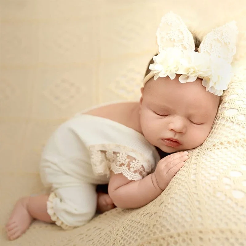 Newborn Photo Shooting Outfit Props Baby Cute Crochet Lace Knitting Rabbit Ear Hair Band+Romper Photography Fotografie Clothing