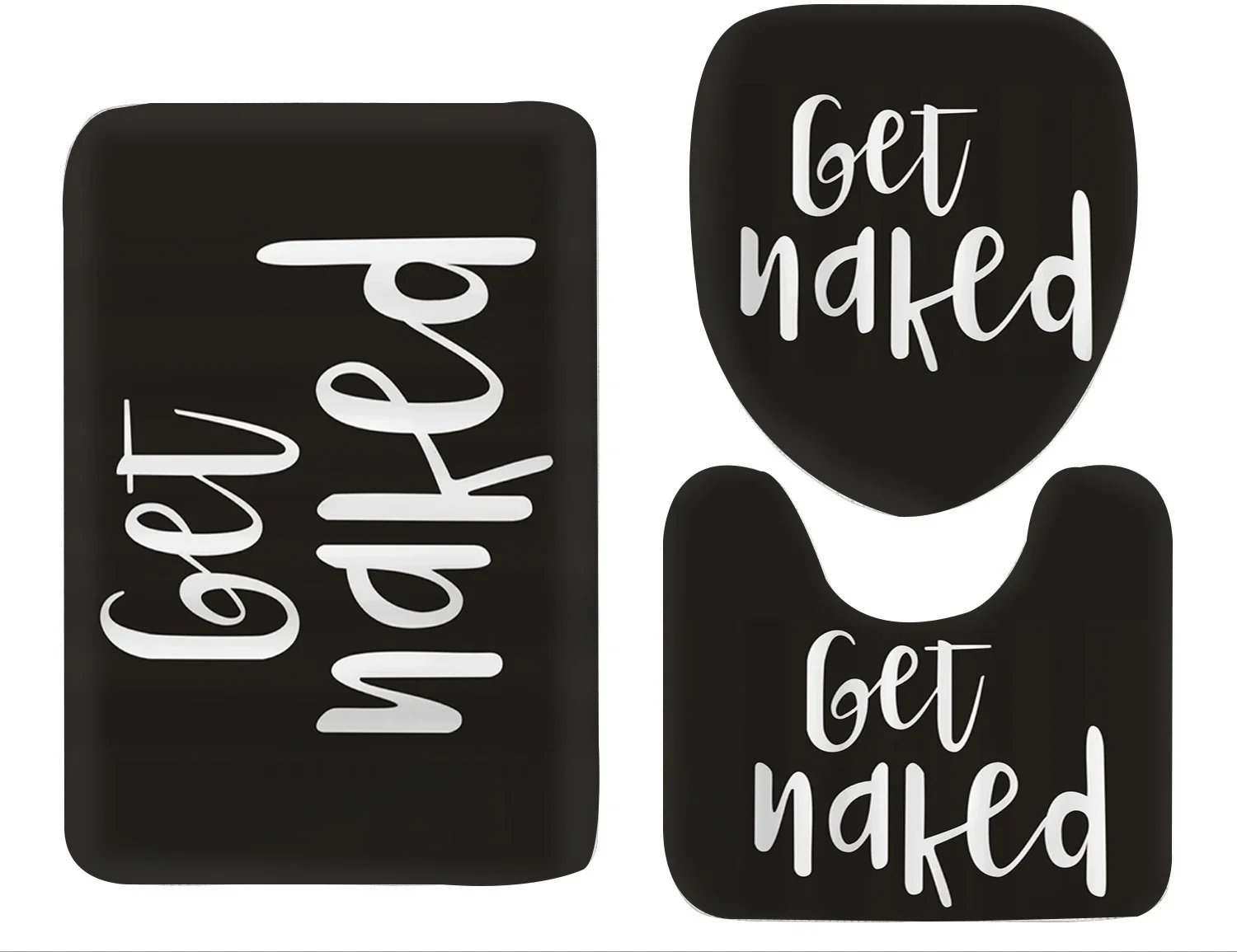 3 Pieces Humorous Get Naked Quote Bathroom Rugs Set, Black White Hand Lettering Slogan Pattern Non‑Slip Bath Mat U‑Shaped Rug Toilet Seat Cover, Fun Modern Farmhouse Home Bathroom Decor Gift