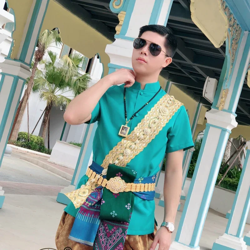 

Thailand Traditional Clothing for Men Ethnic Style Summer Short Sleeves Lao Ahom Shan Thai Dress Asian Clothes Thailand Customes