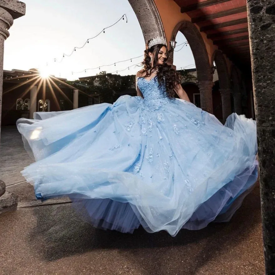 

Синие платья Quinceanera по индивидуальному заказу, бальное кружевное платье с аппликациями и блестками и бусинами, мексиканское платье на день рождения 15, вечернее платье